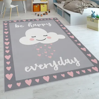Produktbild von Kinderteppich, Spielteppich Für Kinderzimmer, Spruch-Motiv Und Wolke, Grau Rosa Grösse 140x200 cm