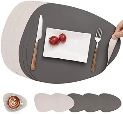 Produktbild von Myir JUN Tischsets Leder und Untersetzer, Tischsets Abwaschbar Rund Doppelseitigen rutschfest Platzdeckchen Leder Kunstleder Tischset Lederoptik Platzset (Grau Beige, Satz von 6)
