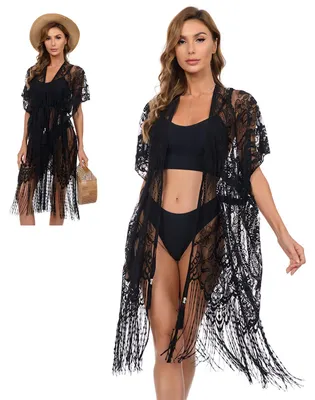 Produktbild von Strandkleid Damen, Lochmuster und Fransen, One Size, luftige Tunika für den Sommer