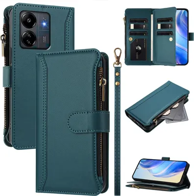 Produktbild von Handyhülle für Xiaomi Redmi 13C/Redmi 13C 5G/Poco M6 5G/Poco C65 Reißverschluss Geldbörse Kunstleder Klapphülle mit Kartensteckplatz, Ständer, Handschlaufe Grün