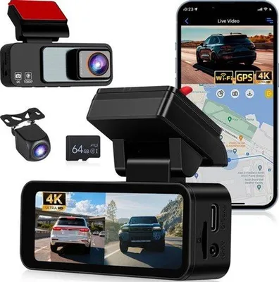 Obrázek produktu pro 4K duální palubní kamera s Wi-Fi a GPS, 3,16palcový IPS displej pro záznam v rozlišení 4K vpředu a 1080P vzadu, noční vidění, cyklický záznam, G-senzor, 24hodinový parkovací režim + 64GB TF karta