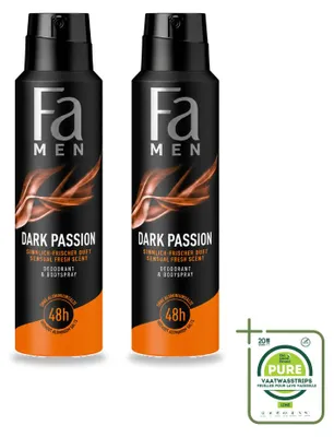 Zdjęcie produktu dla 2 sztuki dezodorantu w sprayu Fa Men Deodorant Dark Passion, pojemność 150 ml - opakowanie zbiorcze