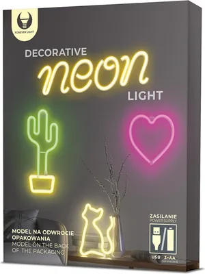The image shows the packaging for a decorative neon light product. It features illustrations of various neon light shapes like a cactus, a heart, and a cat, along with text indicating the product name and features.