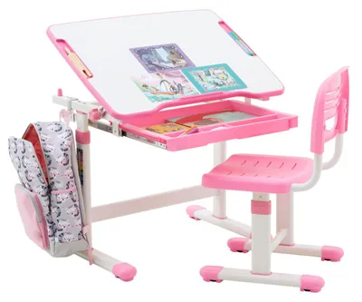 Produktbild von Kinderschreibtisch mit Stuhl TUTTO in weiß/rosa höhenverstellbar und neigbar mit Schublade und Stifterinne, Schreibtisch höhenverstellbar für Kinder, Tisch mit neigbarer Arbeitsfläche mit Rucksackhalt