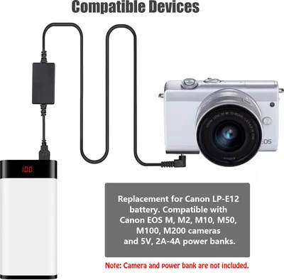 Image de Andoer DR-E12 Kit d'alimentation USB Coupleur DC Batterie factice Remplacement de LP-E12 par câble convertisseur Entrée unique Compatible Canon EOS M M2 M10 M50 M100 M200 Appareils photo