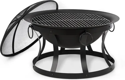 A black metal fire pit with a grill grate and a mesh lid resting on a white background.
