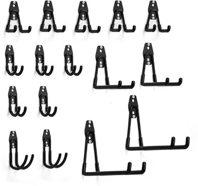 Image de Crochets muraux pour garage, crochets robustes pour garage, polyvalents, crochets en acier pour outils de jardin (noirs) (16 pièces)