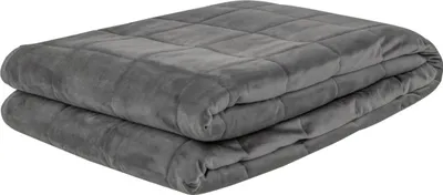 A folded gray weighted blanket is shown on a white background.