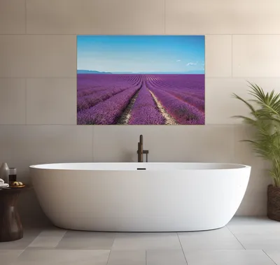 Produktbild von Wallario wasserfestes Poster selbstklebend 70 x 100 cm, Lavendelfeld unter blauem Himmel, Badezimmerposter Spritzschutz mit Hochglanzoberfläche in Glasoptik