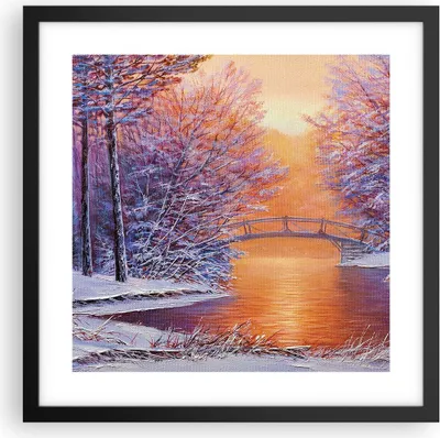 Produktbild von Gerahmtes Poster - Schwarzer Rahmen - Brücke Schnee Wald - 40x40 cm - Wand Bild - Wanddeko - Wandbilder - Kunstposter - Wandposter - Bilderrahmen - Bilder - Kunstdruck - P2BAC40x40-4545