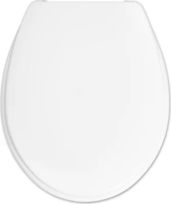 A top-down view of a white toilet seat with its lid closed, presented on a plain white background.