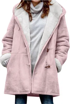 Produktbild von ASKSA Damen Fleecejacke Wintermantel Warm Fleece Hornknopfjacke Herbst Winter Kapuzenpullover Jacke Mantel, Rosa, 5XL