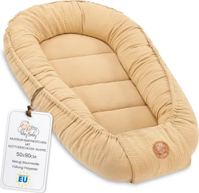 Produktbild von Babynestchen Musselin für Neugeborene tragbar 50x90 cm atmungsaktiv Beige
