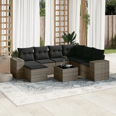 Produktbild von Design 8-tlg. Garten-Sofagarnitur mit Kissen Grau Poly Rattan, Gartenmöbel-Sets 2024 Neu