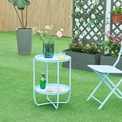 Zdjęcie produktu dla Stolik na tace 'Sandefjord' okrągły z 2 wyjmowanymi tacami stal 57,5 x 40 cm błękitny