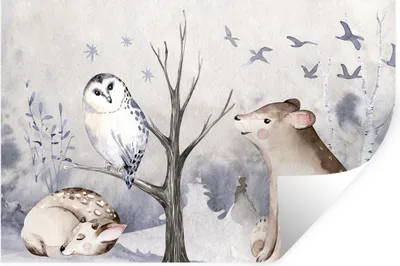 Produktbild von MuchoWow® Wandtattoo Wandsticker Wandaufkleber Winter - Hirsch - Eule - Bär 60x40 cm Selbstklebend und Repositionierbar - Wierderverwendbar - Selbstklebend