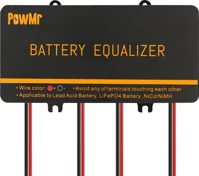 A black battery equalizer device with orange text and red and black wires attached.