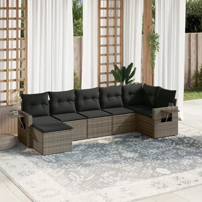 Produktbild von Design 7-tlg. Garten-Sofagarnitur mit Kissen Grau Poly Rattan, Gartenmöbel-Sets 2024 Neu