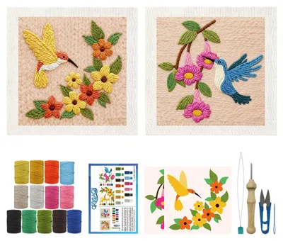 2er-Set Punch Needle Sets mit Rahmen, Kolibri & Blume, DIY-Wanddeko