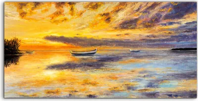 Produktbild von Coloray Glasbild 140x70  Wandbild Glasbilder Deko Wasser Boot Himmel Wolke Gras