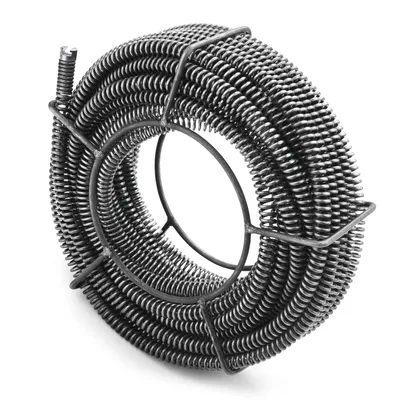 A coiled drain snake on a white background.