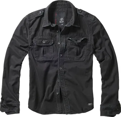 A black long-sleeved shirt with two chest pockets and epaulets on the shoulders.