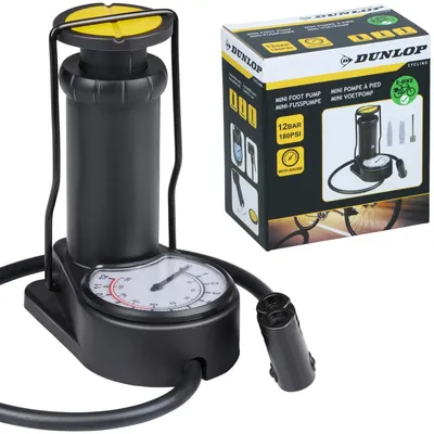 Image de Mini-pompe à pied DUNLOP pour vélo avec manomètre 180 PSI, 2 adaptateurs et une aiguille pour ballon