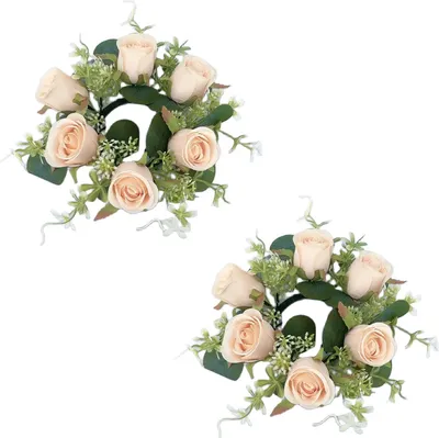 Produktbild von 2 Stück Künstlicher Rosenkranz, Kerzenring, Säulenkerzenhalter, grüne Blätter, bunte Blumengirlande, für Zuhause, Hochzeit, Party, Tischdekoration