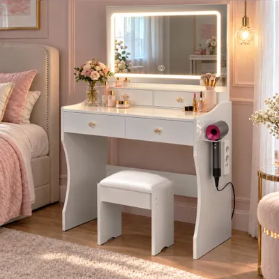 Immagine prodotto di Toeletta bianca con sgabello e lampada LED a 3 colori; tavolo da trucco con specchio e 4 cassetti, 90x40x135 cm, con luminosità regolabile