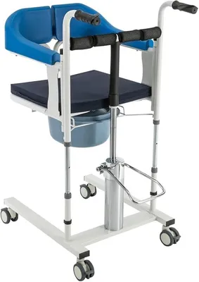 Produktbild von 5 in 1 Patientenlift, Toilettenstuhl mit Rollen für Senioren, Dusch Toilettenstuhl, Duschstuhl mit Toiletteneimer & Fußstütze, Nachtstuhl für Erwachsene Blau, Höhenverstellbar, 120kg Tragfähigkeit
