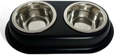 Produktbild von Doppeltes Futtergeschirr, 2x400ml Edelstahl, Anti-Rutsch, Schwarz