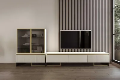 Image de Ensemble moderne pour salon : meuble TV et vitrine avec des accents dorés