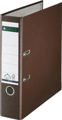 A brown Leitz binder is shown standing upright with its cover open.