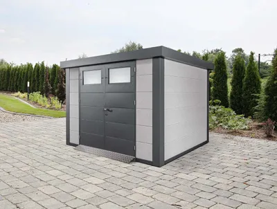 Produktbild von Finnhaus Wolff Wolff Metallgerätehaus Eleganto 3024 298x238 Gartenhaus aus Metall in Grau, Holzhaus mit 0,9 mm Wandstärke Blockbohlenhaus