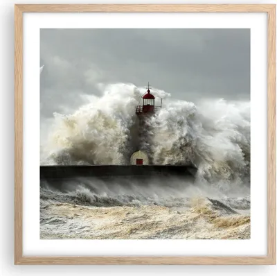 Produktbild von Gerahmtes Poster - Rahmen in heller Eiche - Leuchtturm Ozean Sturm - 50x50 cm - Wand Bild - Wanddeko - Wandbilder - Wandposter - Bilderrahmen - Bilder - Kunstdruck - Wandbild - P2NAC50x50-2442