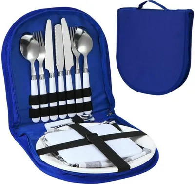 Produktbild von Campingbesteck-Set mit Gabel, Löffel, Messer und Teller, leichtes Reisebesteck für Outdoor-Wanderungen und Picknicks