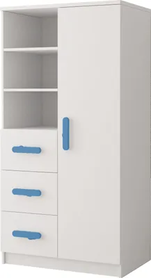 A white wardrobe with blue handles and open shelves on the left side.