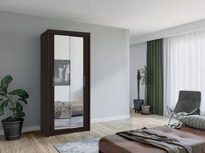 Produktbild von Krudox MINI Kleiderschrank Schiebetür Wenge 90x200x61 cm mit Spiegel Kleiderstange Schlafzimmer Mehrzweckschrank