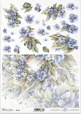 Produktbild von ITD Reispapier Decoupage Bastelpapier Serviettentechnik-R2374 blau Blumen, Girlanden
