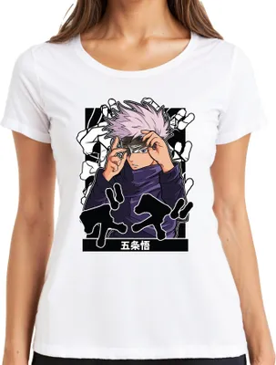 Immagine prodotto di Satoru Gojo - Jujutsu Kaisen - Maglietta da donna in stile anime con benda e capelli bianchi, bianca, taglia M