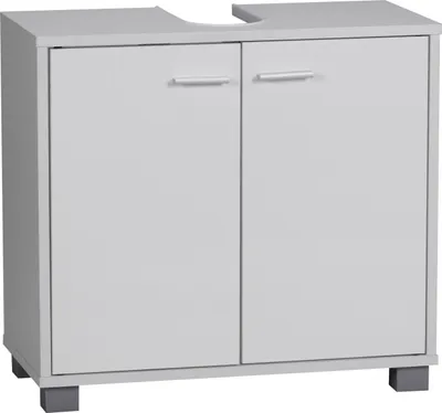 A white bathroom vanity cabinet with two doors and a cutout at the top for a sink.