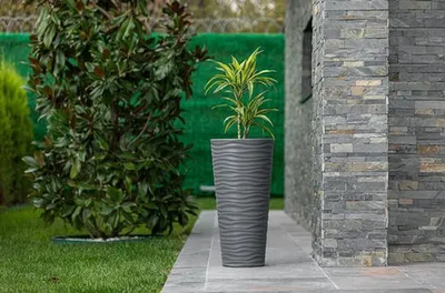 Image de Grands pots de fleurs anthracite 57 cm pour l'intérieur et l'extérieur, résistants aux UV et au froid, avec bac intérieur inclus
