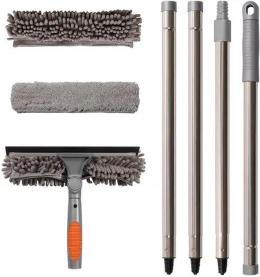 Obrázok produktu pre Uniqoos® Teleskopický umývač okien do výšky 185 cm, 4-dielna teleskopická tyč, otočná hlavica o 180°, dvojaká funkcia (mikrovlákno a gumová stierka), sada s náhradnými návlekmi