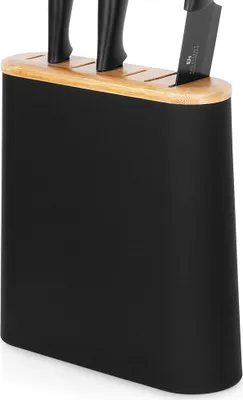 Immagine prodotto di Ceppo portacoltelli - 23x8x23,5 cm - Antiscivolo - Plastica - Supporto per coltelli nero opaco con bambù