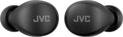 A pair of black JVC true wireless earbuds are shown against a white background.