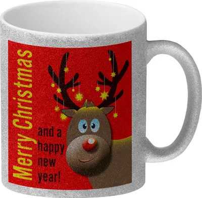 Produktbild von Rentier Motiv und Spruch Glitzer-Kaffeebecher in Rot zum Thema Weihnachten