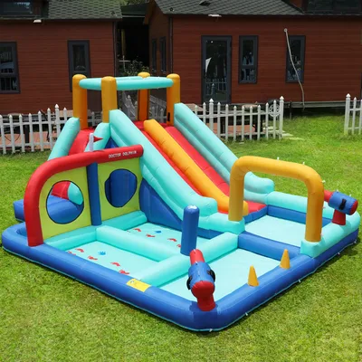 Produktbild von Flieks Aufblasbare Hüpfburg mit Gebläse, Hüpfburg Kinder Outdoor, Wasserpark Kinderpool Wasserschloss mit Doppelrutsche, 450x365x217cm