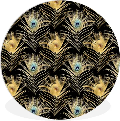 Produktbild von MuchoWow® Rundes Wandbild - Runde Bilder Muster - Pfauenfedern - Gold Ø 30 cm Kreis Wanddekoration Kunststoff - Wandkreis - Wandschmuck - Schlafzimmer - Bilder - Der Kreis - Kunst für die Wohnung - Plastik - Kunstdruck - Wandbild
