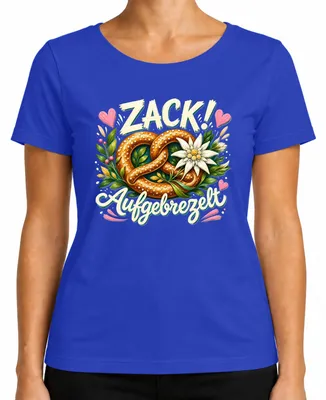 Produktbild von Zack Aufgebrezelt Brezel Edelweiss Trachtenshirt Lederhose Dirndl Damen T-Shirt, Blau, S