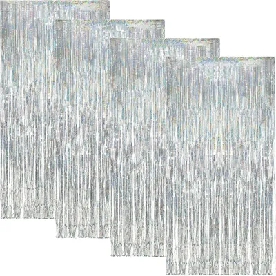 Productafbeelding van 1 m x 2,5 m lametta-gordijn - Set van 4 - Zilver - Glittergordijn - Verjaardag